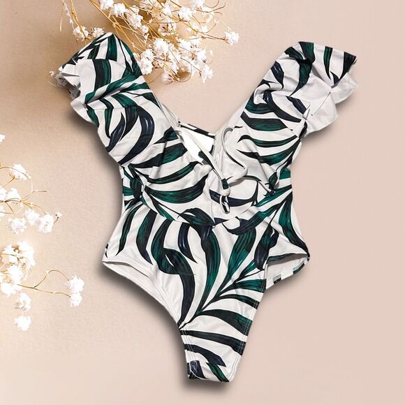 Women One Piece Swimsuit V Neck Ruffle Bathing Suit Padded Leaves Small Summer - Picture 13 of 14